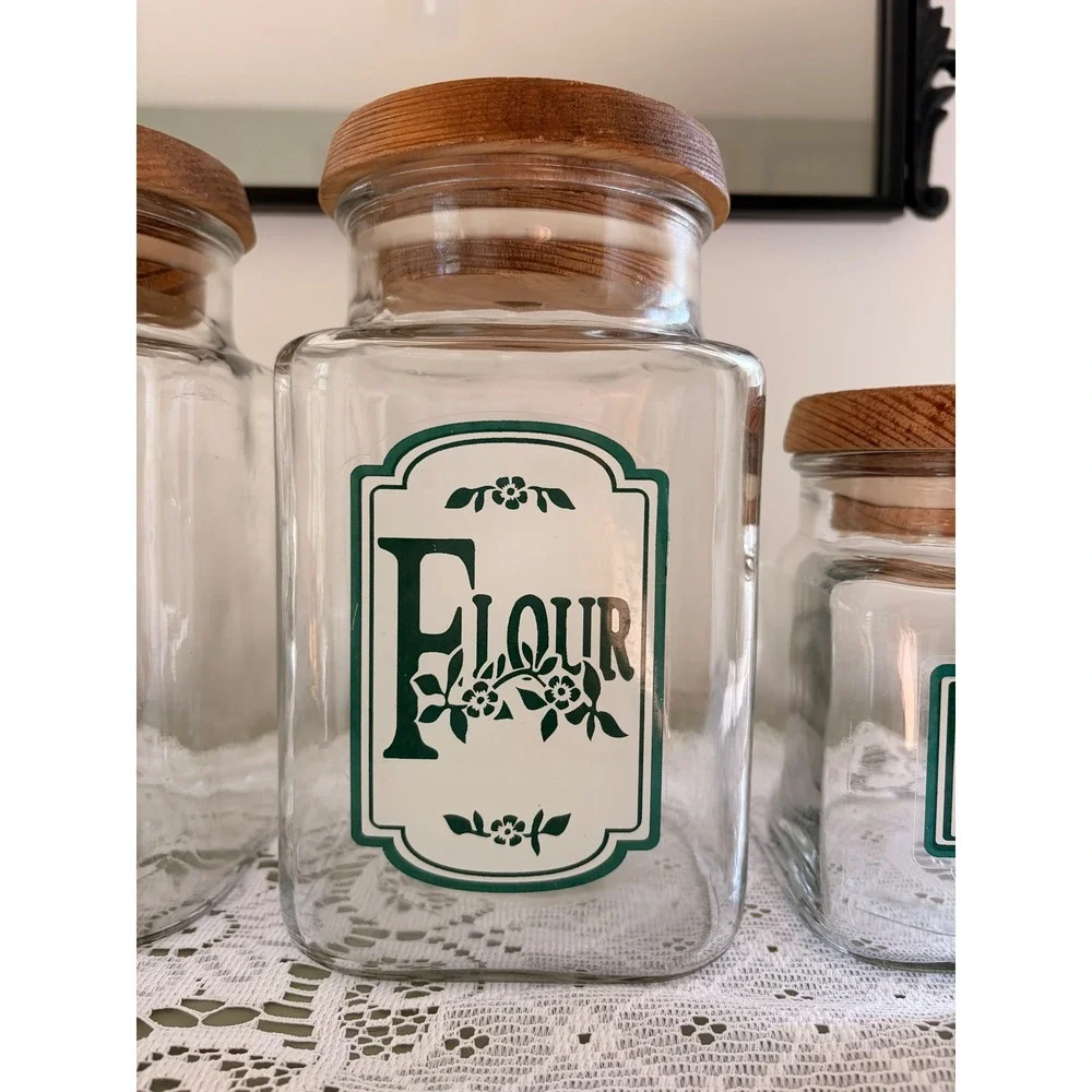 Vintage Anchor Hocking Glass Canister Set 4pc Green Floral Wood Lids
